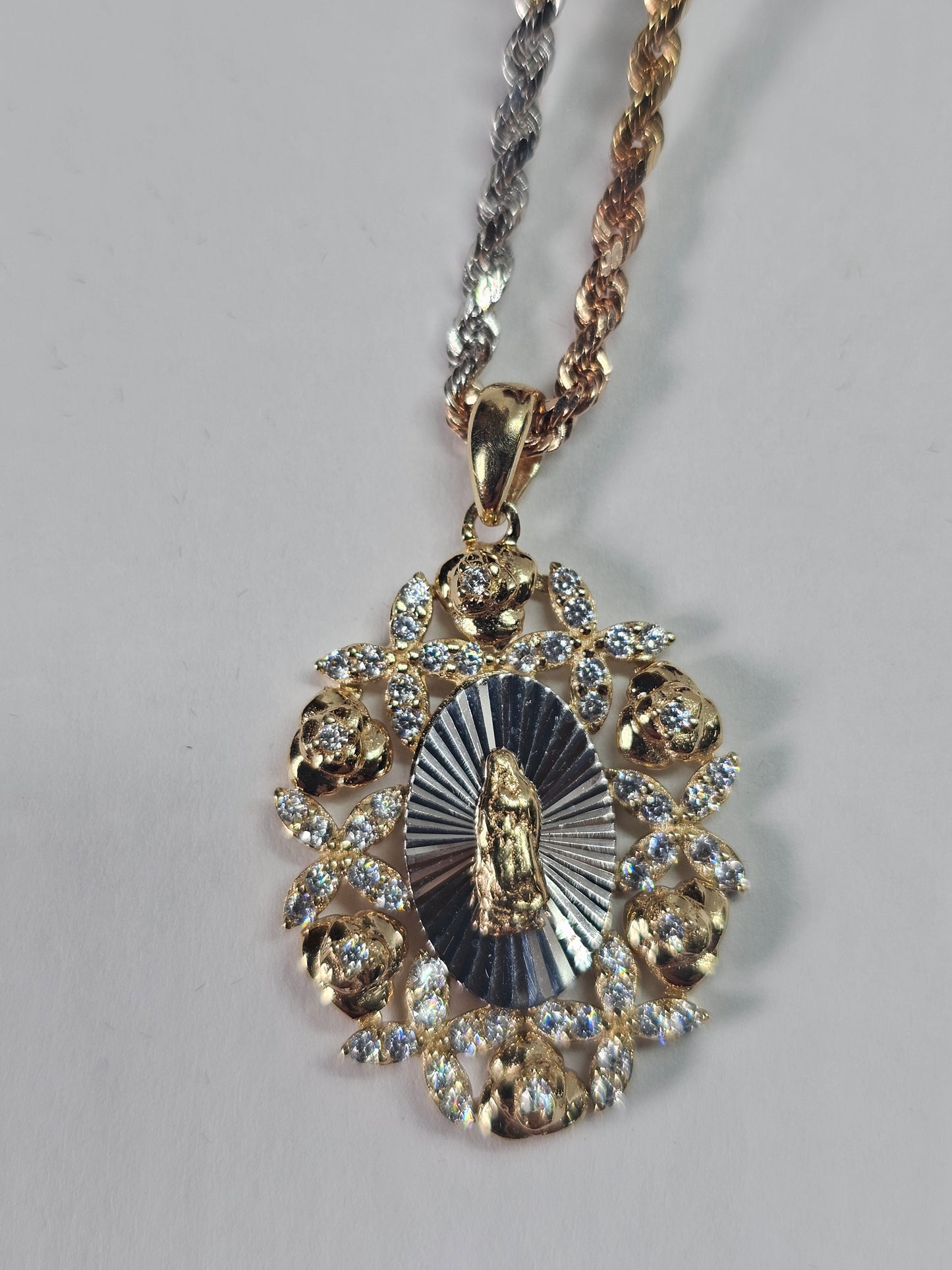 Virgin Guadalupe Pendant CZ Yellow and White Gold 14k