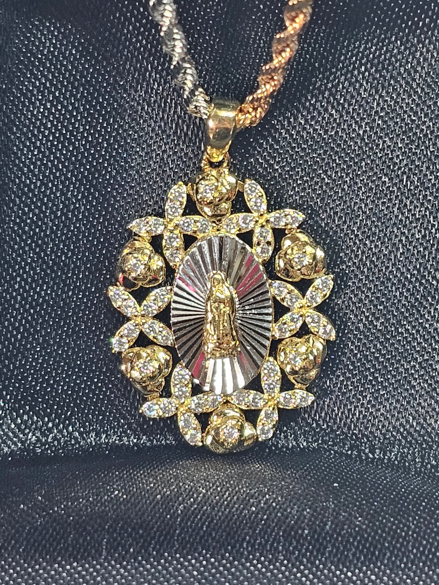 Virgin Guadalupe Pendant CZ Yellow and White Gold 14k