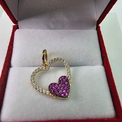 14K Gold Heart within a Heart Pendant - Corazón 14k Oro Cubic Zirconia