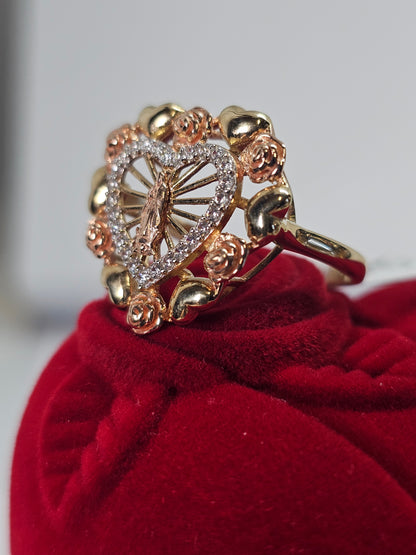 14K Tricolor Gold Virgin Mary Heart Ring - Anillo 14K de Oro Virgen de Guadalupe en forma de Corazon