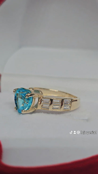 14K Gold Blue Heart Ring - Anillo 14k corazón Azul