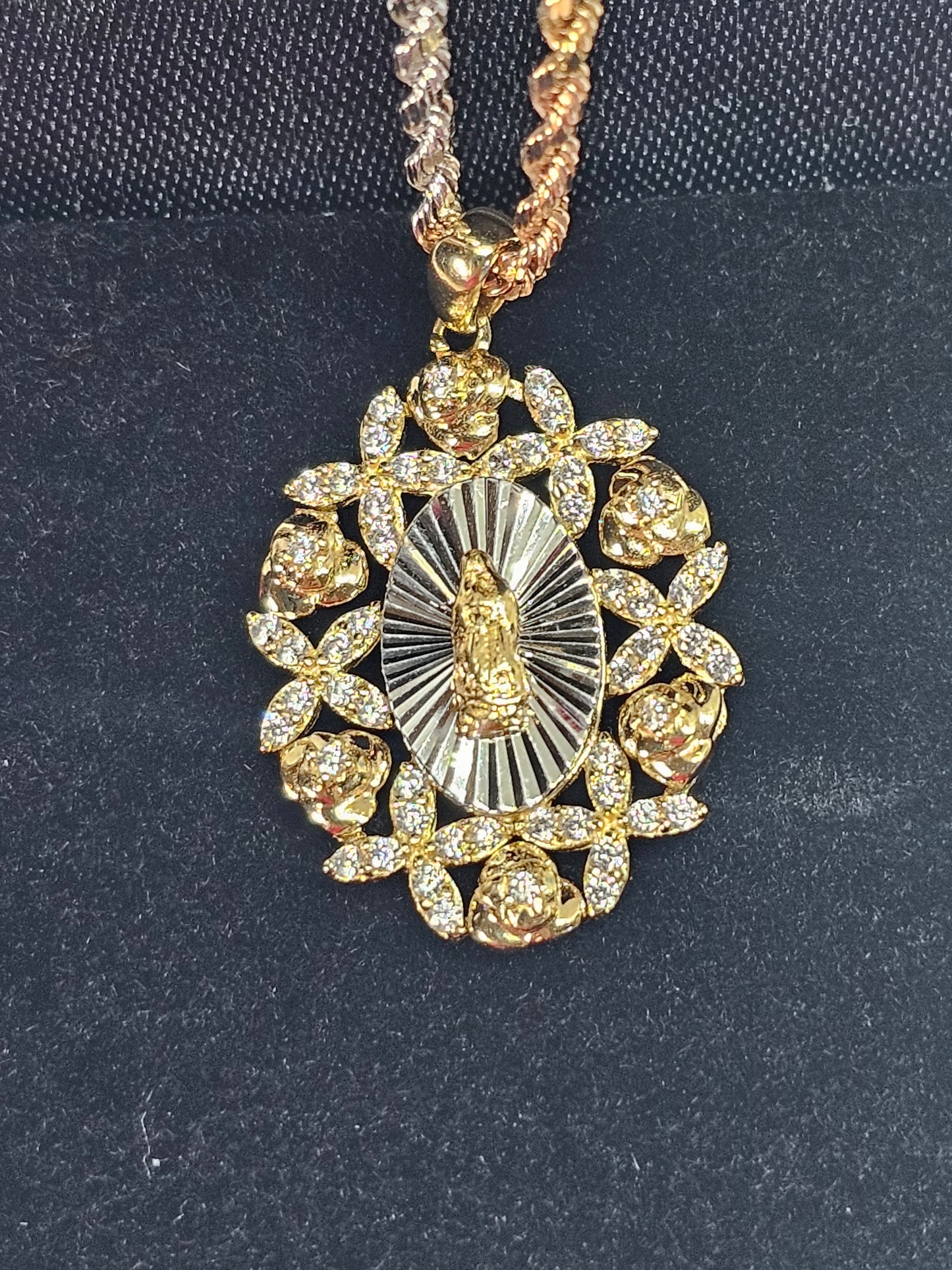 Virgin Guadalupe Pendant CZ Yellow and White Gold 14k