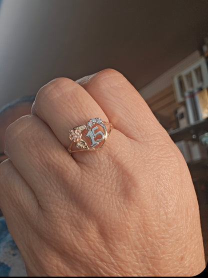 14K Gold Heart w/Flower Quinceañera Ring - Anillo de 15 Años 14k