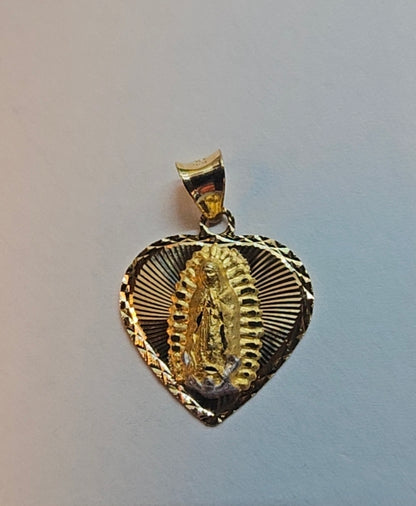 14K Gold Heart Virgin Mary Pendant - Medalla Corazón Virgen de Guadalupe Oro 14K