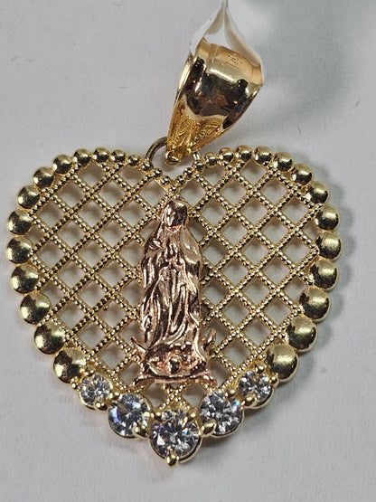 14K Gold Virgin Mary Heart Pendant - Dige Virgen de Guadalupe en forma de Corazon 14K