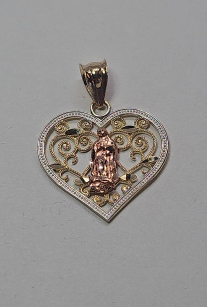 14K Gold Heart Virgin Mary Pendant - Dige Virgen de Guadalupe Corazón Oro 14K