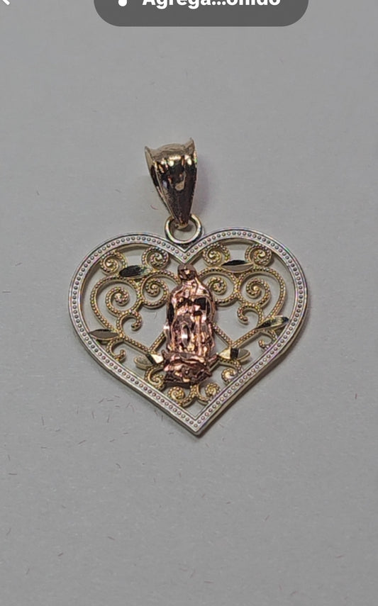 14K Gold Heart Virgin Mary Pendant - Dige Virgen de Guadalupe Corazón Oro 14K