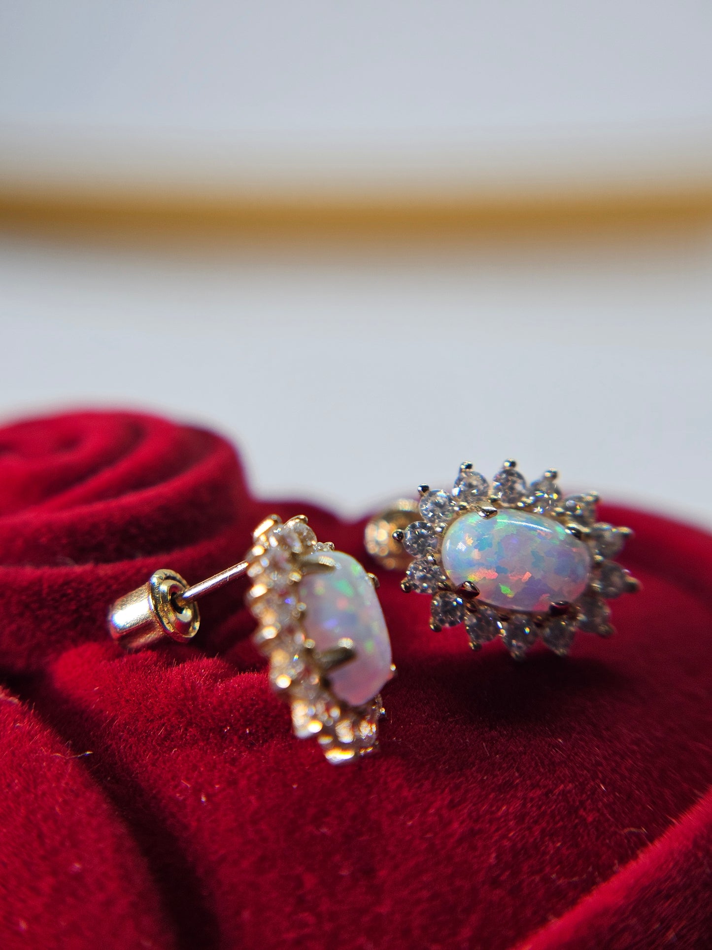 14k REAL GOLD Flower Opal CZ Stud Earrings