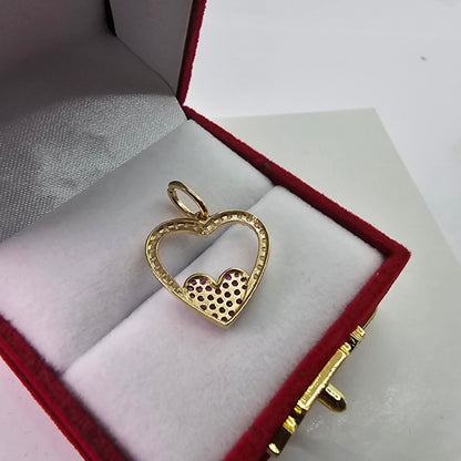 14K Gold Heart within a Heart Pendant - Corazón 14k Oro Cubic Zirconia