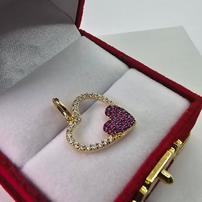14K Gold Heart within a Heart Pendant - Corazón 14k Oro Cubic Zirconia