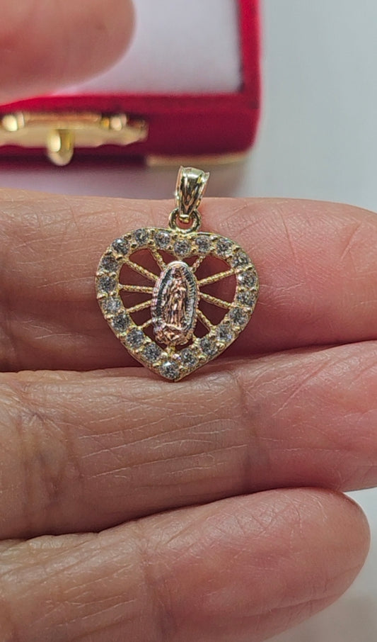 14K Gold Heart Virgin Mary Pendant - Dige Virgen de Guadalupe Corazón Oro 14K