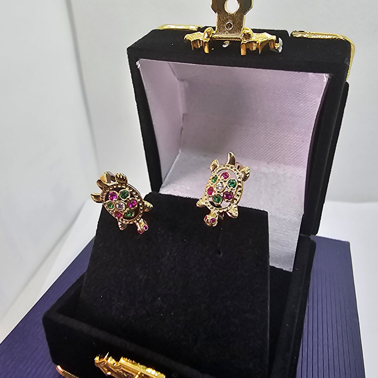 Small Turtle Huggies Earring Multi Color  CZ 14k Yellow Gold