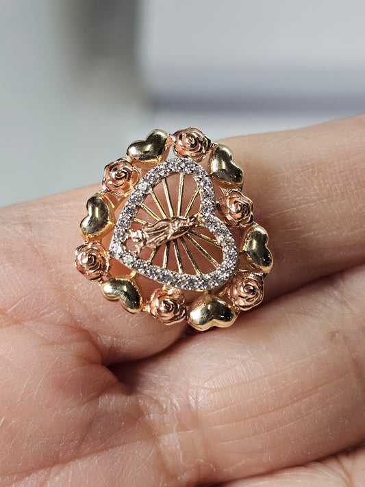 14K Tricolor Gold Virgin Mary Heart Ring - Anillo 14K de Oro Virgen de Guadalupe en forma de Corazon