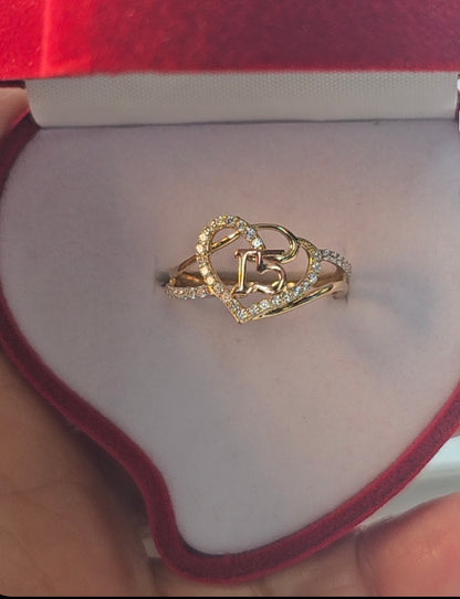14K Gold Heart Quinceañera Ring - Anillo de 15 Años 14k