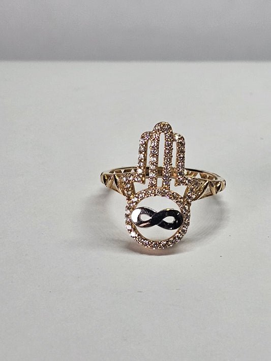 Anillo manita de fatima con infinito de 14k