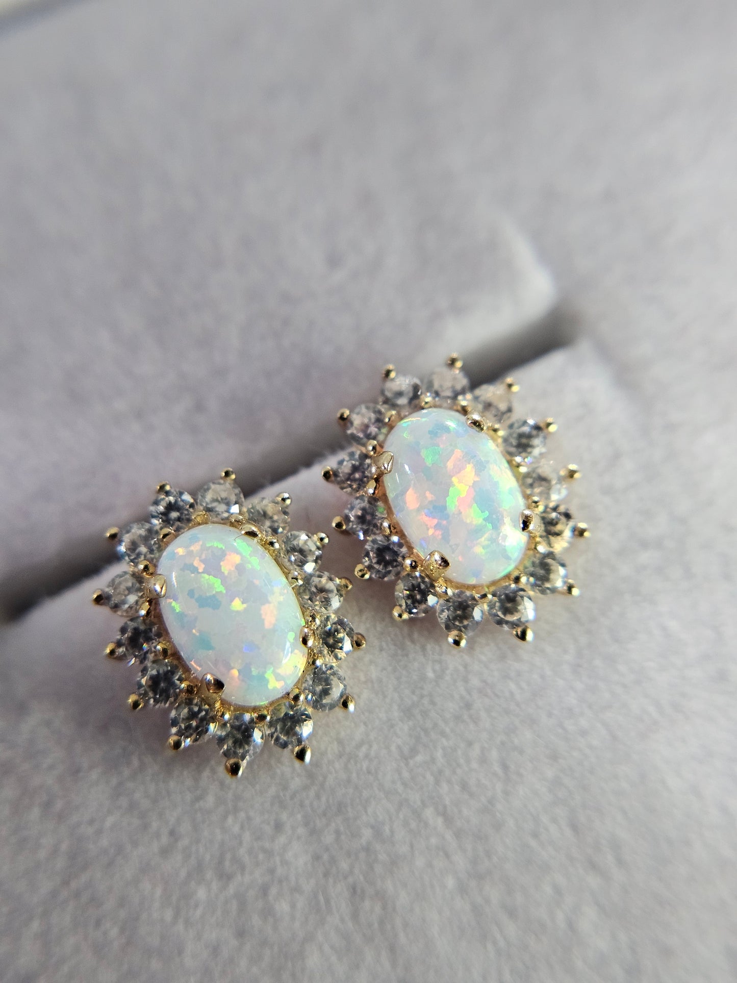 14k REAL GOLD Flower Opal CZ Stud Earrings