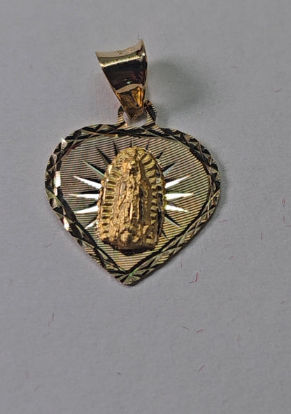 14K Gold Heart Virgin Mary Pendant - Dige Virgen de Guadalupe Corazón Oro 14K