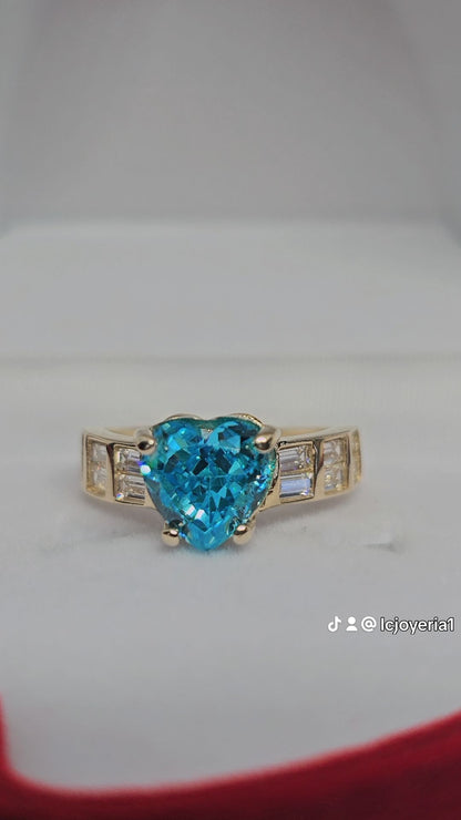 14K Gold Blue Heart Ring - Anillo 14k corazón Azul