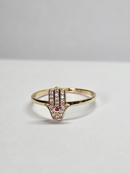 14K Gold Hamsa CZ Accent Ring - Anillo Manita de Fatima 14k