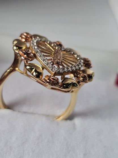 14K Tricolor Gold Virgin Mary Heart Ring - Anillo 14K de Oro Virgen de Guadalupe en forma de Corazon