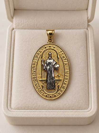 Medalla de San Benito en Oro 14K de Dos Tonos