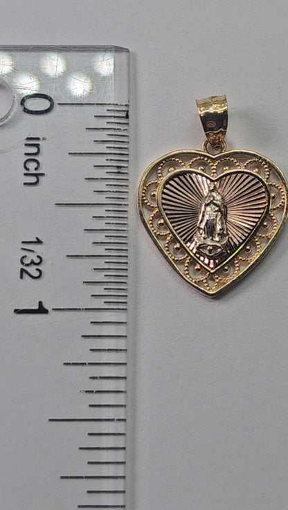 14K Gold Heart Virgin Mary Pendant - Dige Virgen de Guadalupe Corazón Oro 14K