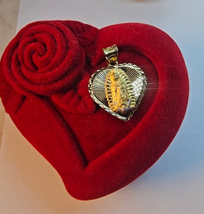 14K Gold Heart Virgin Mary Pendant - Medalla Corazón Virgen de Guadalupe Oro 14K