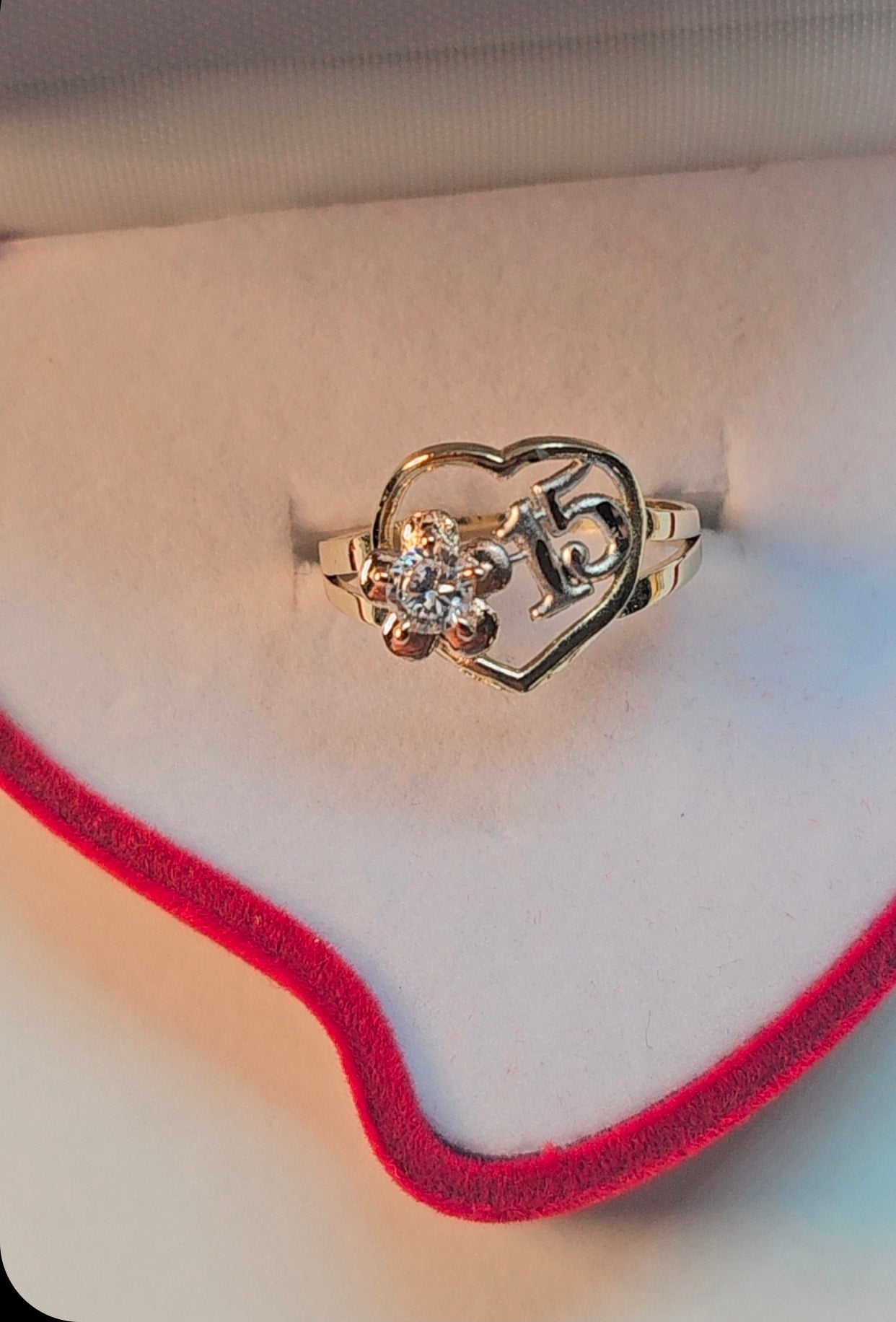 14K Gold Heart w/Flower Quinceañera Ring - Anillo de 15 Años 14k