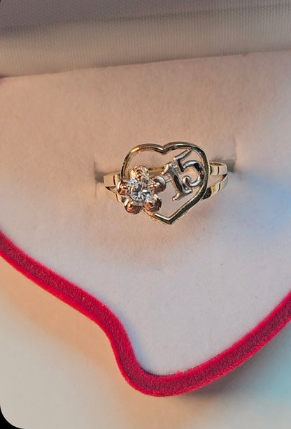 14K Gold Heart w/Flower Quinceañera Ring - Anillo de 15 Años 14k