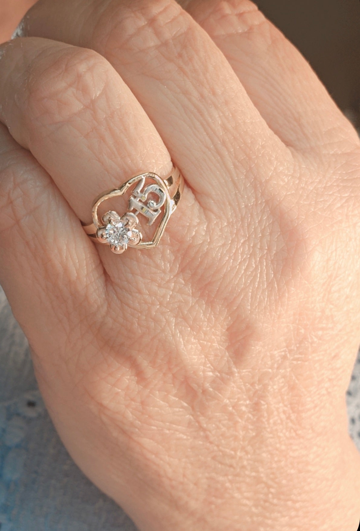 14K Gold Heart w/Flower Quinceañera Ring - Anillo de 15 Años 14k