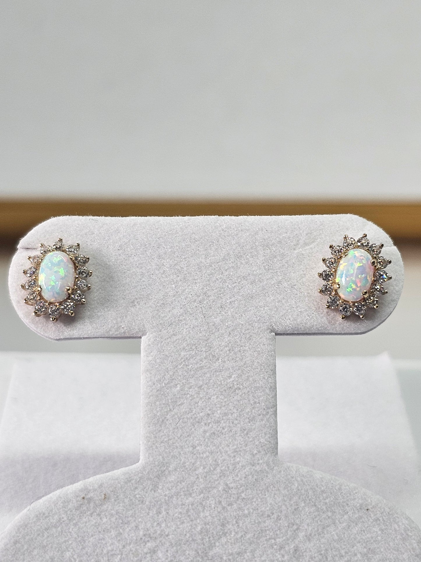14k REAL GOLD Flower Opal CZ Stud Earrings