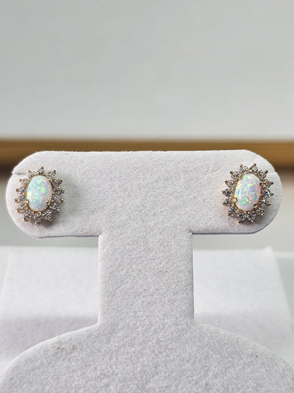 14k REAL GOLD Flower Opal CZ Stud Earrings