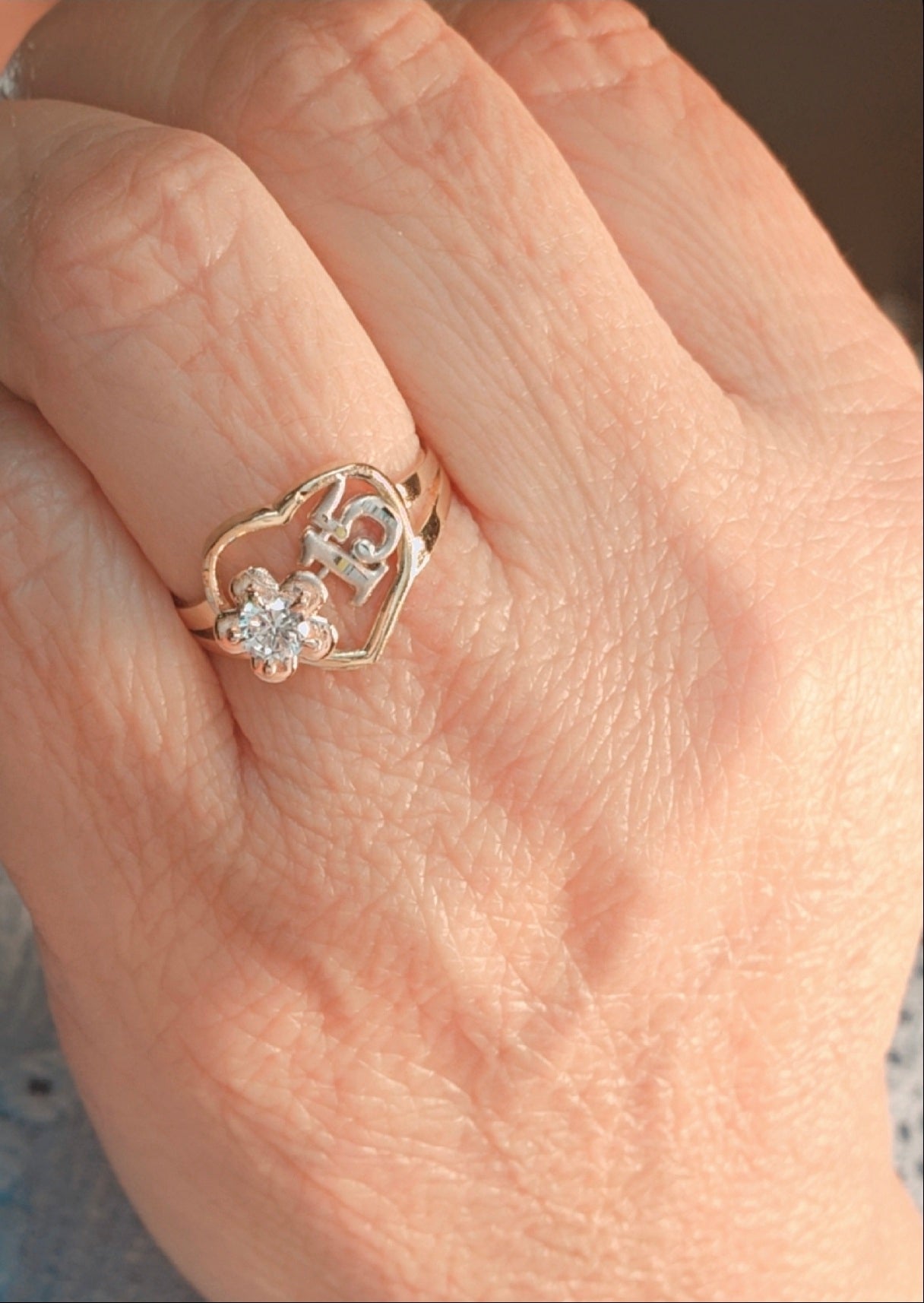 14K Gold Heart w/Flower Quinceañera Ring - Anillo de 15 Años 14k