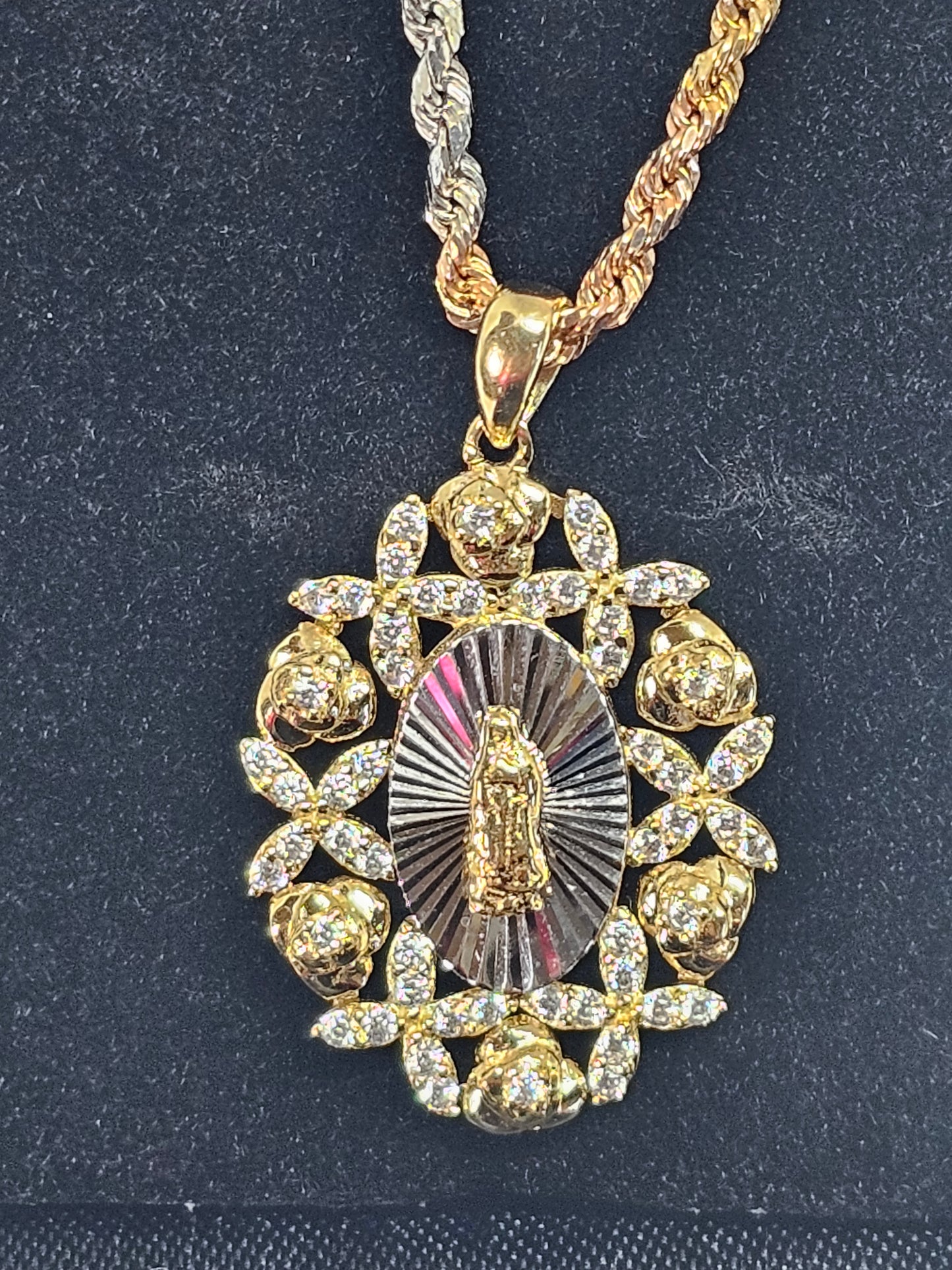 Virgin Guadalupe Pendant CZ Yellow and White Gold 14k