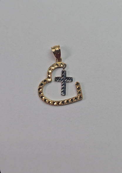 14K 2-Tone Heart and Cross Pendant