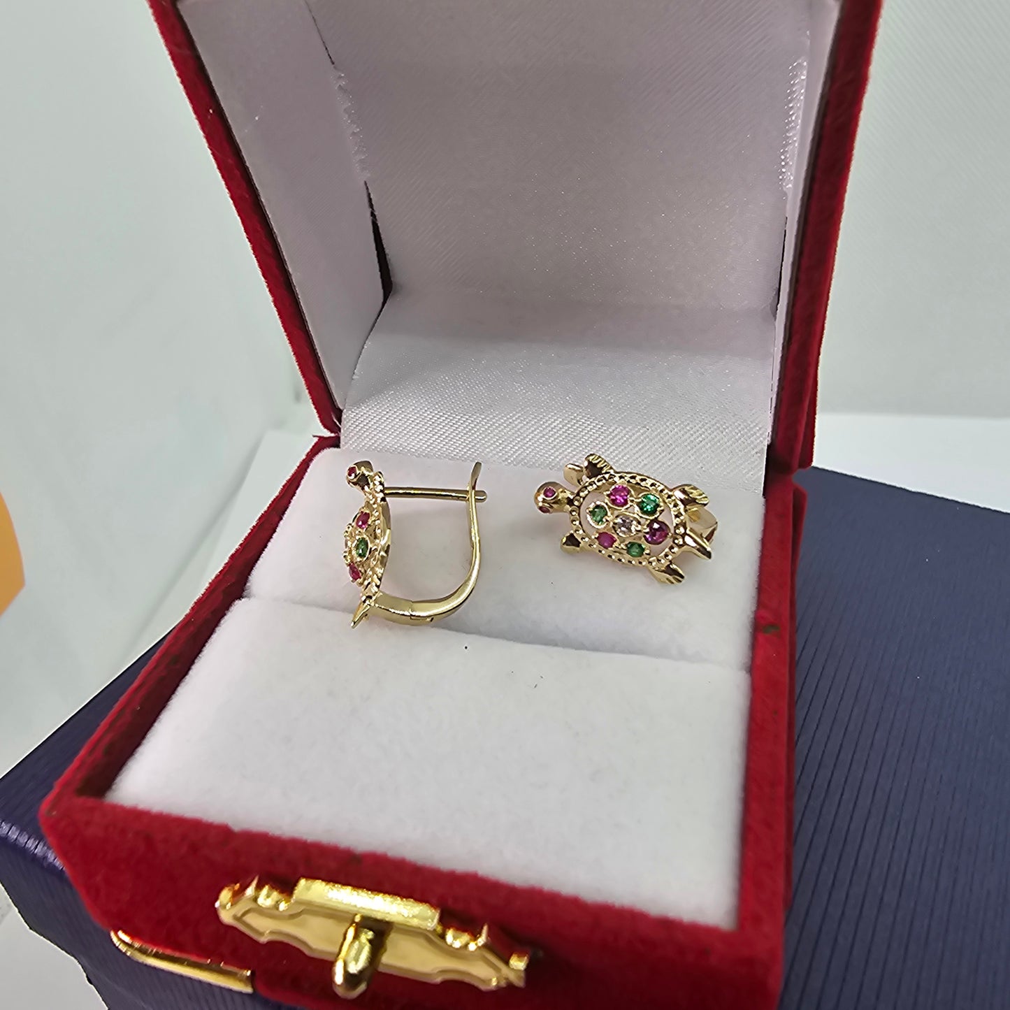 Small Turtle Huggies Earring Multi Color  CZ 14k Yellow Gold