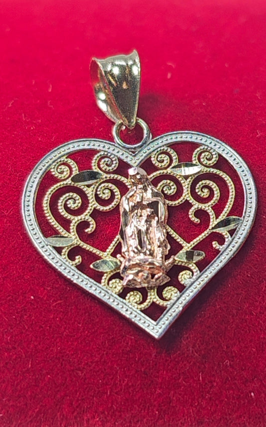 14K Gold Heart Virgin Mary Pendant - Dige Virgen de Guadalupe Corazón Oro 14K