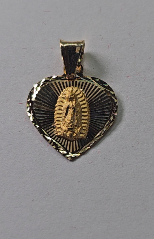 14K Gold Heart Virgin Mary Pendant - Dige Virgen de Guadalupe Corazón Oro 14K