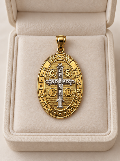 Medalla de San Benito en Oro 14K de Dos Tonos