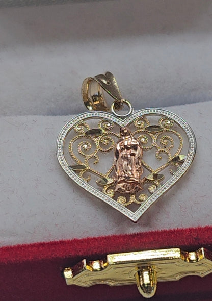 14K Gold Heart Virgin Mary Pendant - Dige Virgen de Guadalupe Corazón Oro 14K