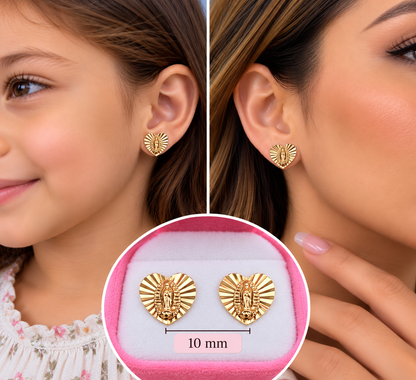 Aretes de la Virgen de Guadalupe en Corazón de Oro 14K