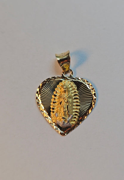 14K Gold Heart Virgin Mary Pendant - Medalla Corazón Virgen de Guadalupe Oro 14K