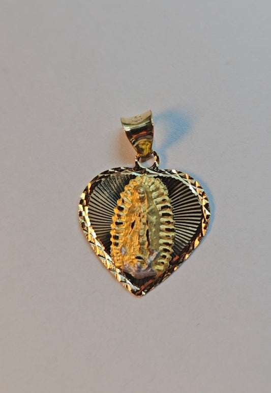 14K Gold Heart Virgin Mary Pendant - Medalla Corazón Virgen de Guadalupe Oro 14K