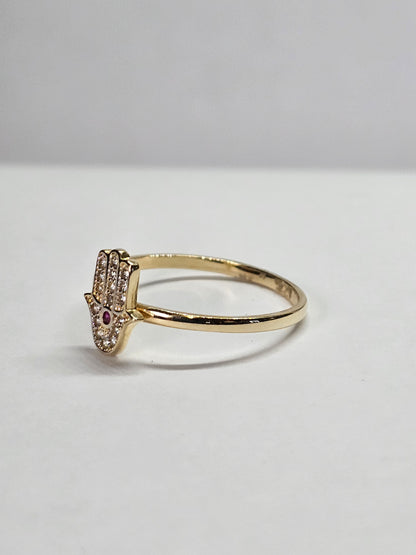 14K Gold Hamsa CZ Accent Ring - Anillo Manita de Fatima 14k