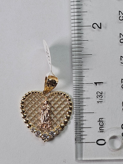 14K Gold Virgin Mary Heart Pendant - Dige Virgen de Guadalupe en forma de Corazon 14K