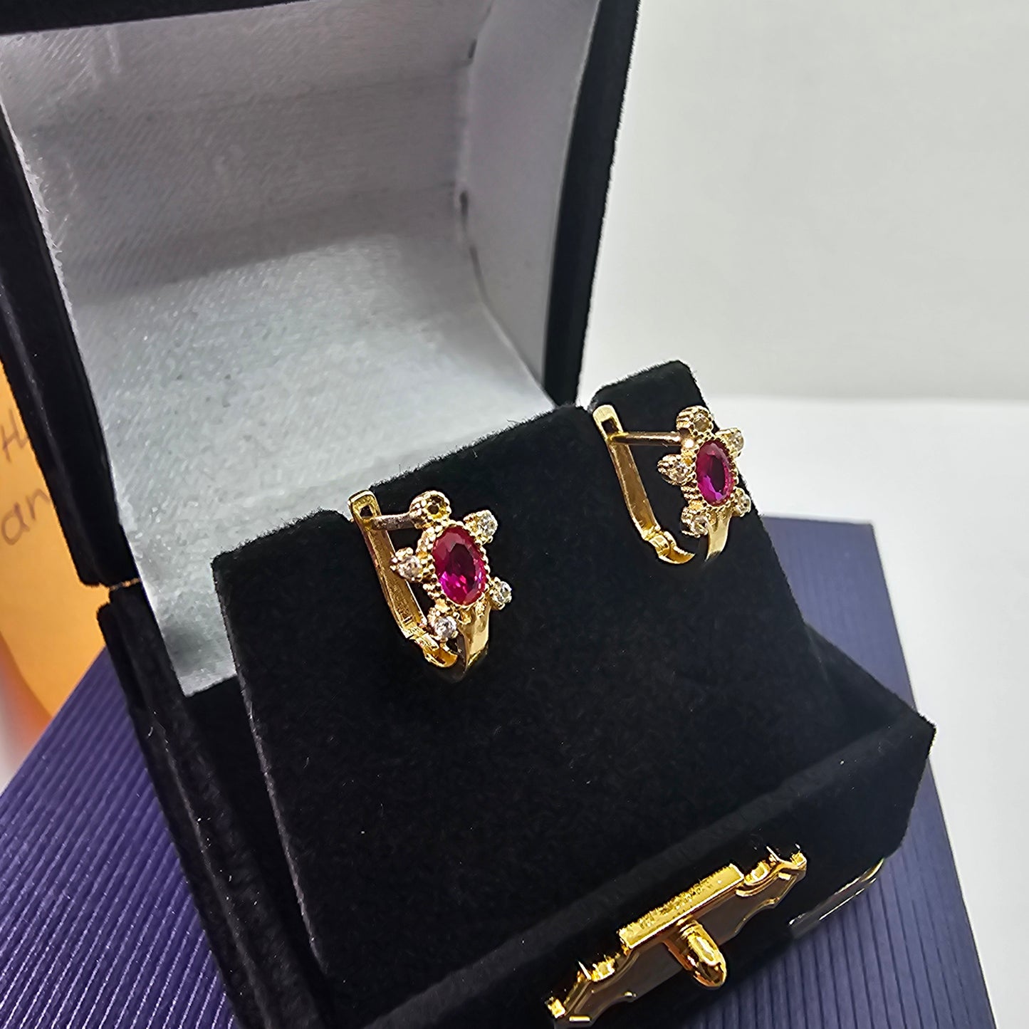 Small Turtle Huggies Earring Red CZ 14k Yellow Gold