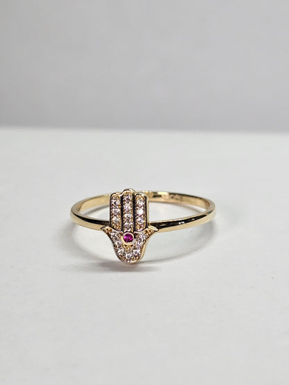 14K Gold Hamsa CZ Accent Ring - Anillo Manita de Fatima 14k