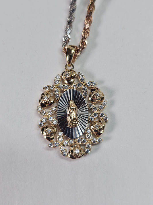 Virgin Guadalupe Pendant CZ Yellow and White Gold 14k