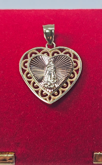 14K Gold Heart Virgin Mary Pendant - Dige Virgen de Guadalupe Corazón Oro 14K