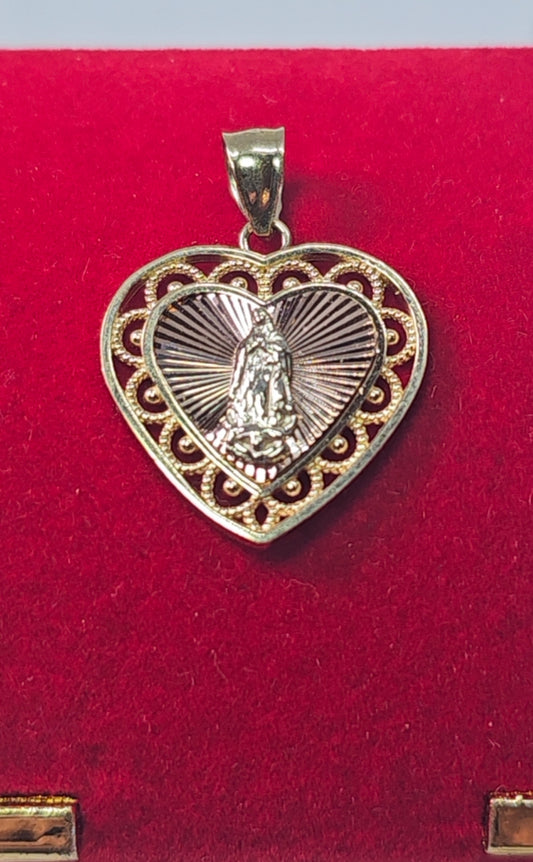 14K Gold Heart Virgin Mary Pendant - Dige Virgen de Guadalupe Corazón Oro 14K